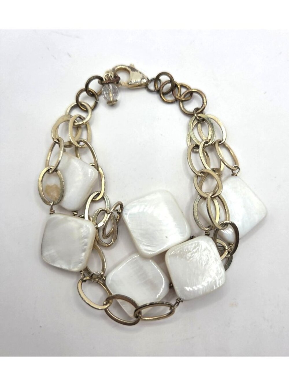 Gold-Tone Chain Bracelet With White Irridescent Square Accents & Lobster Clasp